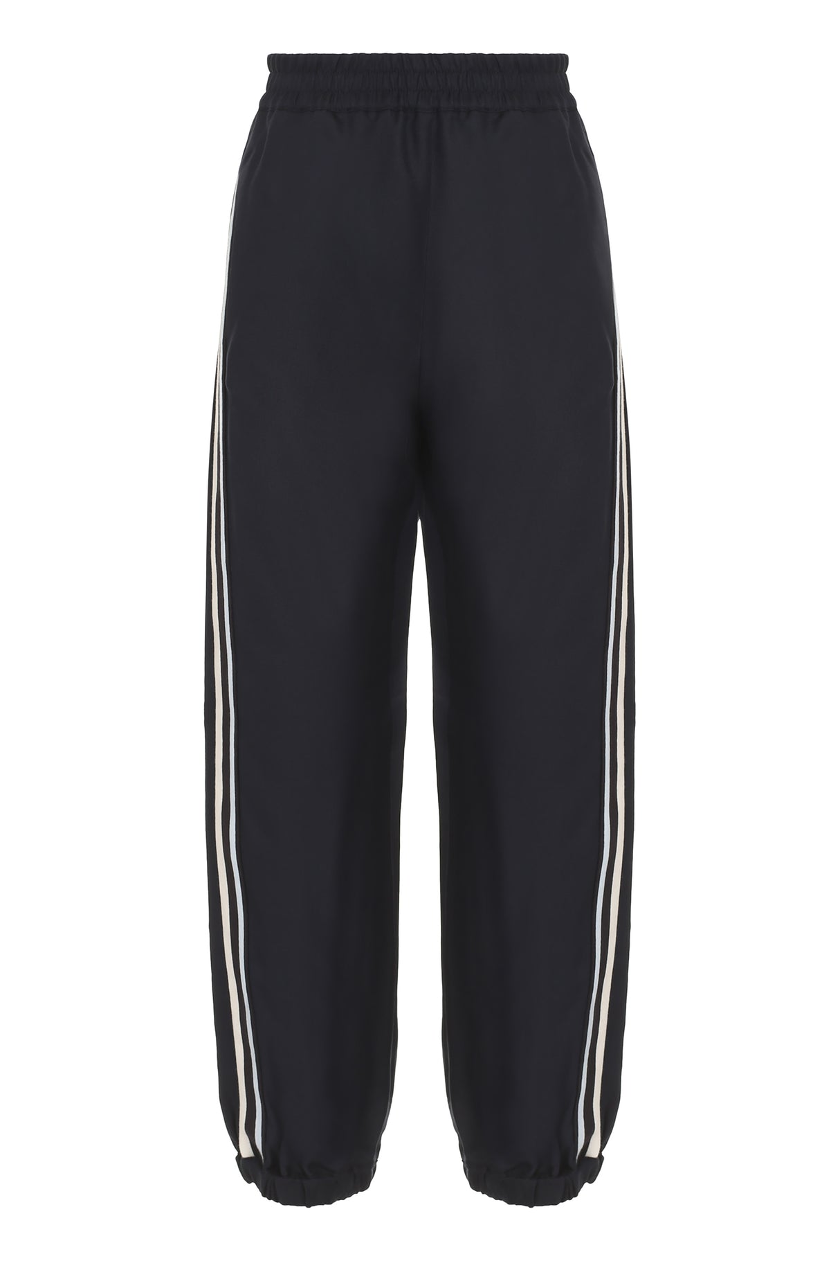 MONCLER Blue Cotton-Twill Bush Trousers with Logo Detail Side Bands and Elasticated Ankle Cuffs