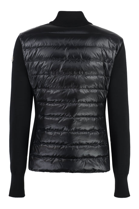 MONCLER Women's Black Down Cardigan with Knit Collar and Nylon Panels