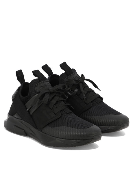 Sneaker nam màu đen đan dây với chi tiết lưới và nhãn hiệu TOM FORD
