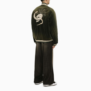 Green Cotton Bomber Jacket with Embroidered Details for Men