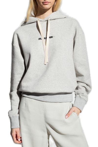 JIL SANDER Cream Hooded Drawstring Top with Logo Print Detail