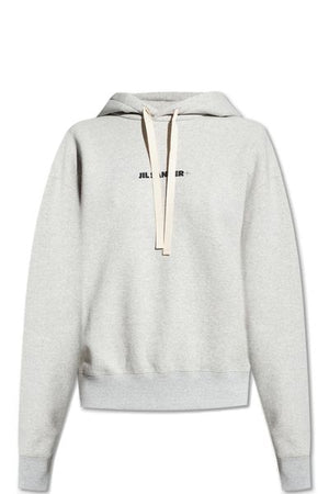 JIL SANDER Cream Hooded Drawstring Top with Logo Print Detail