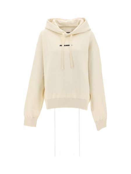 JIL SANDER Cream Hooded Drawstring Top with Logo Print Detail