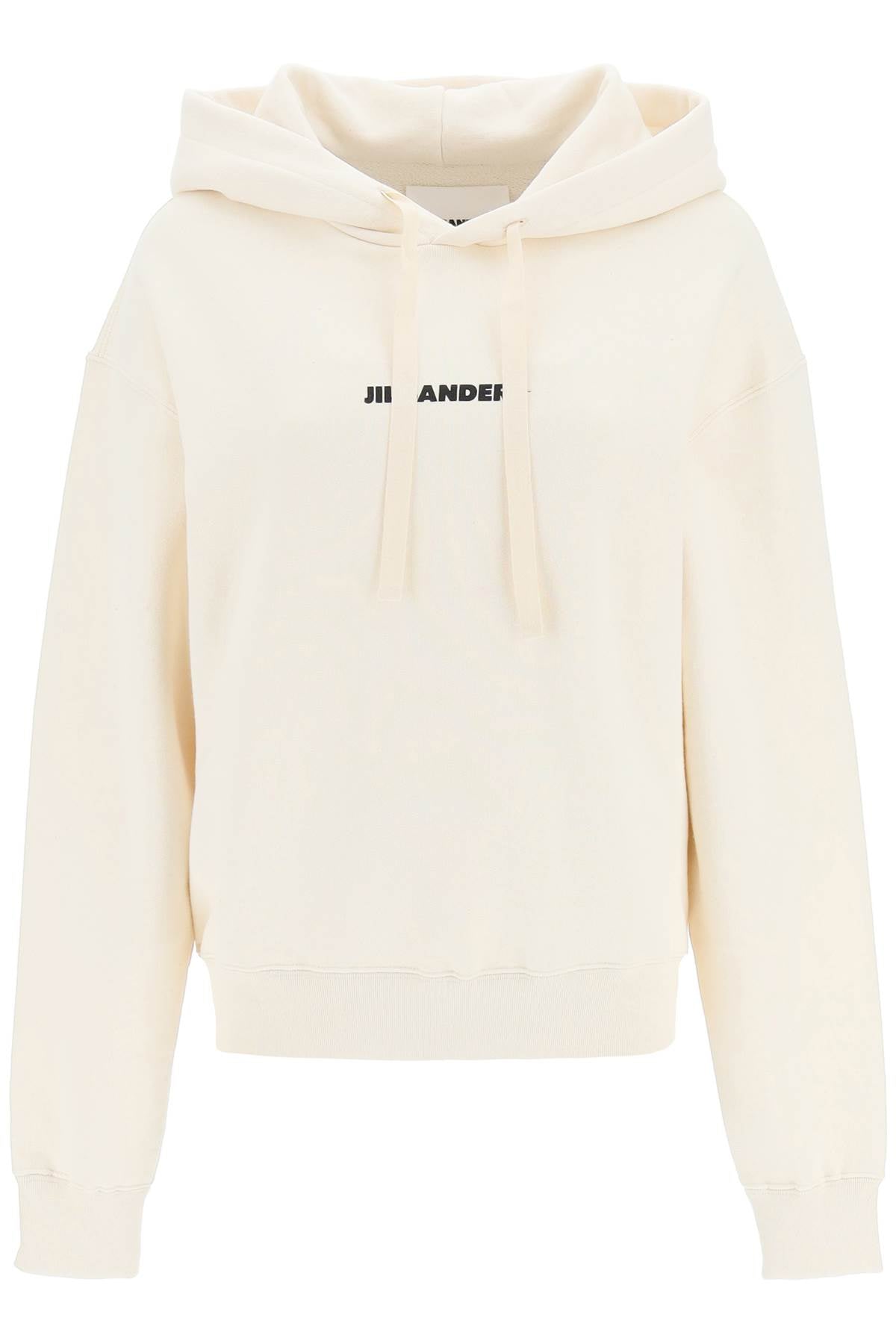 JIL SANDER Cream Hooded Drawstring Top with Logo Print Detail