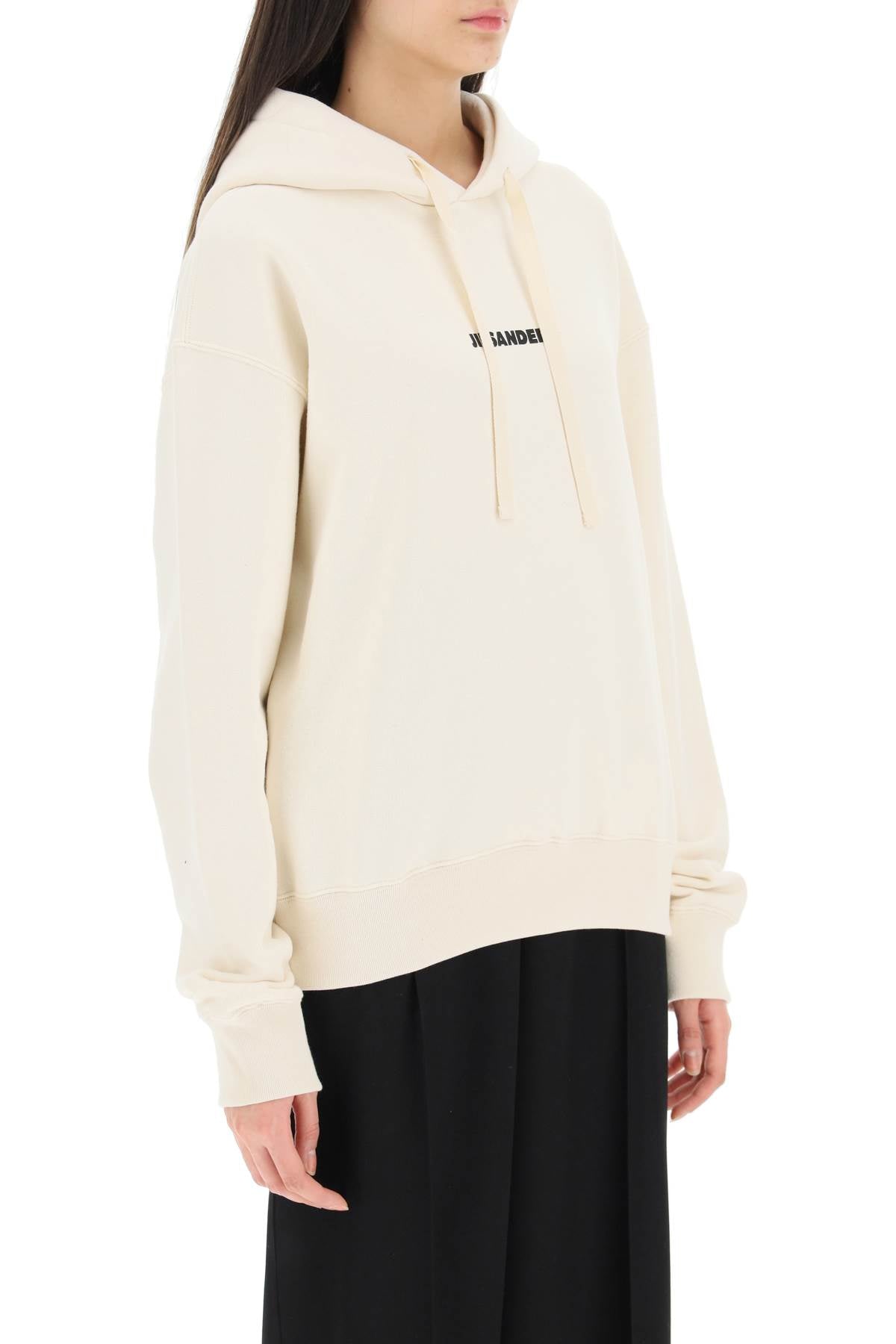 JIL SANDER Cream Hooded Drawstring Top with Logo Print Detail