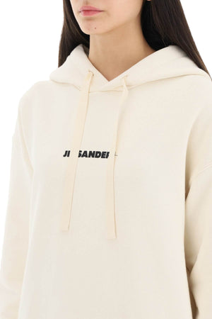 JIL SANDER Cream Hooded Drawstring Top with Logo Print Detail