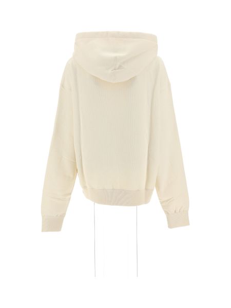 JIL SANDER Cream Hooded Drawstring Top with Logo Print Detail