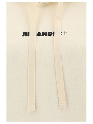 JIL SANDER Cream Hooded Drawstring Top with Logo Print Detail