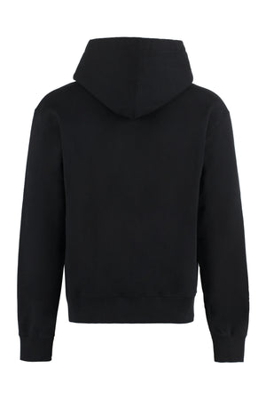 Black Cotton T-Shirt Loose Sweatshirt with Adjustable Hood and Logo Patch for Men