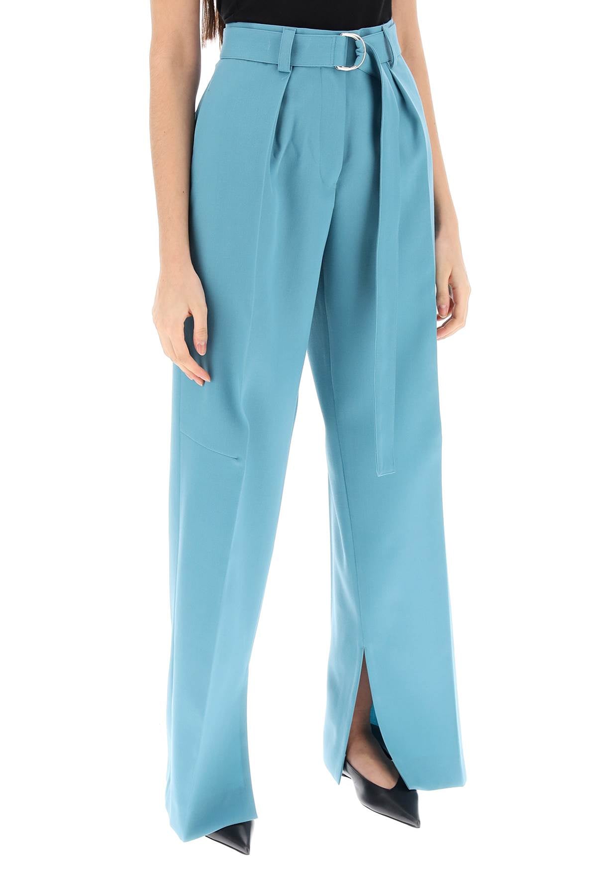 Light Blue Wool Gabardine Wide Leg Pants for Women