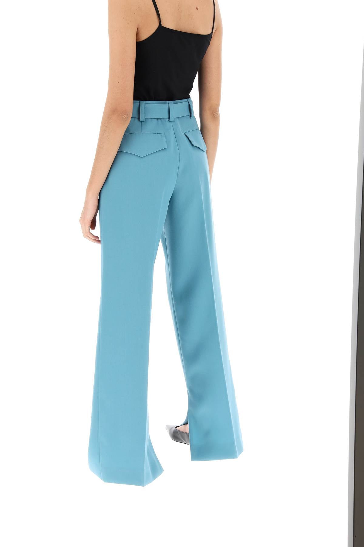 Light Blue Wool Gabardine Wide Leg Pants for Women