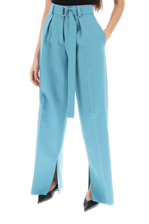 Light Blue Wool Gabardine Wide Leg Pants for Women