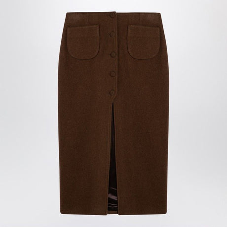 MARGAUX LONNBERG Brown Wool-Blend Midi Skirt with Front Buttons and Pockets