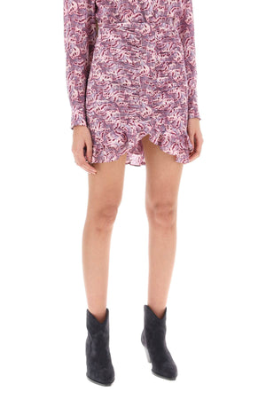 ISABEL MARANT Gathered Mini Skirt with Ruffled Hem in Stretch Silk Georgette - Abstract Floral Print