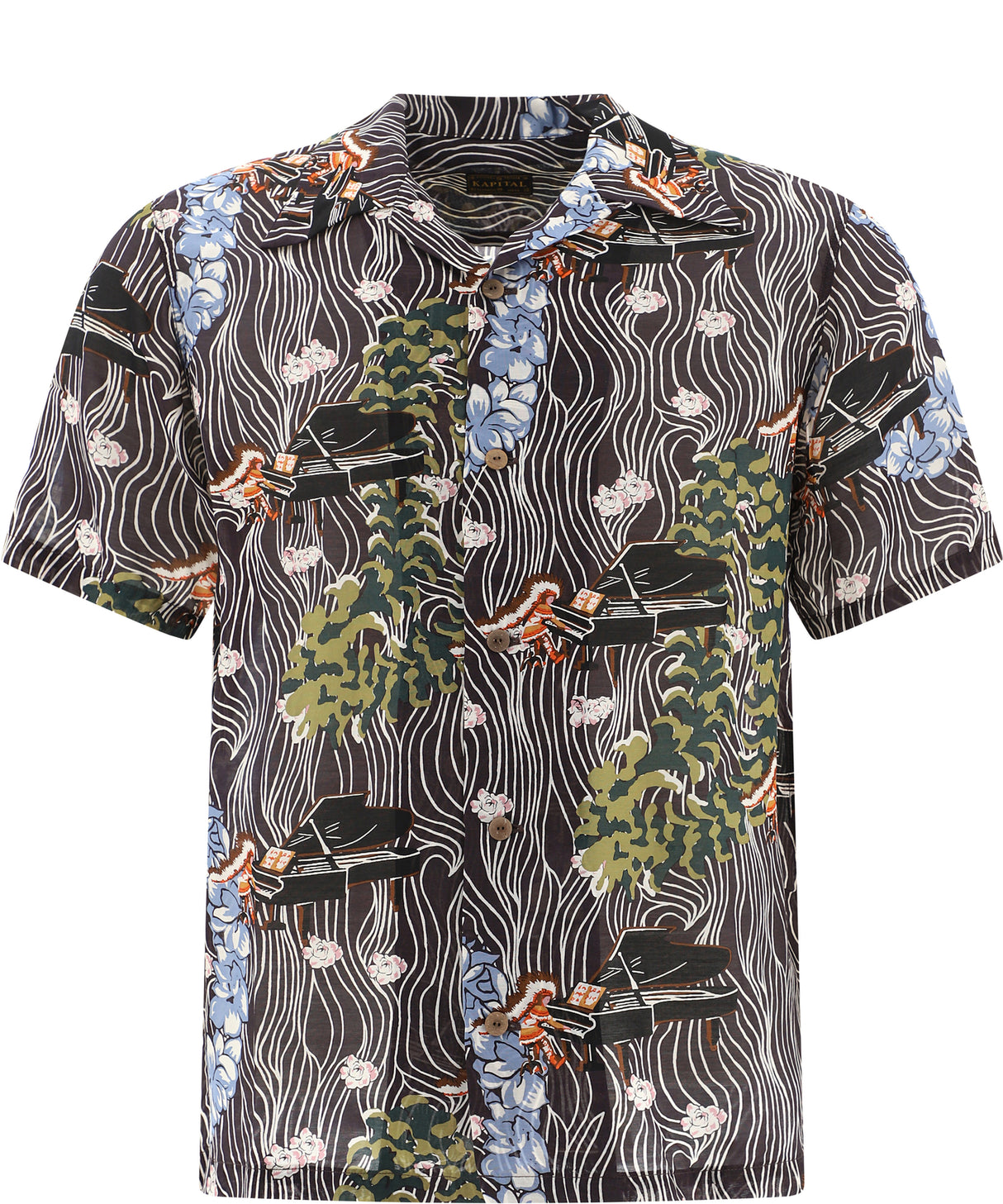 KAPITAL Men's Luxe Oversized Black Aloha Shirt, Size M