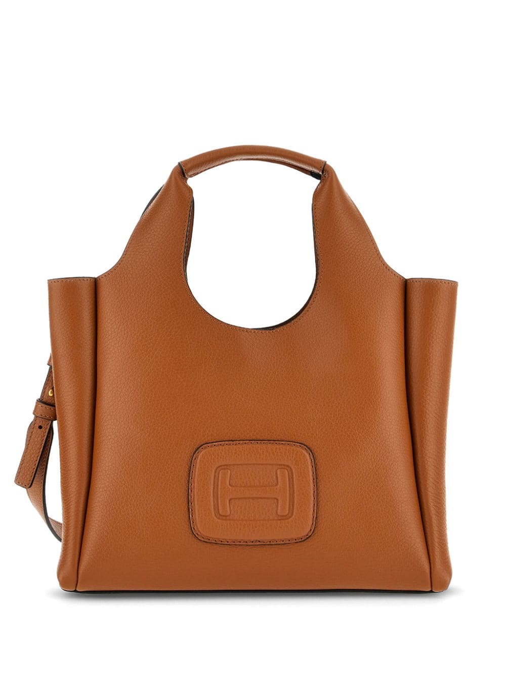 HOGAN Small Leather Embossed Logo Tote Handbag in Caramel Brown with Adjustable Strap