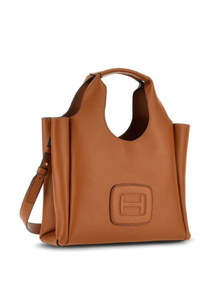 HOGAN Small Leather Embossed Logo Tote Handbag in Caramel Brown with Adjustable Strap