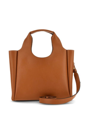 HOGAN Small Leather Embossed Logo Tote Handbag in Caramel Brown with Adjustable Strap