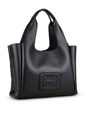 HOGAN Elegant Medium Black Leather Tote with Signature Emblem