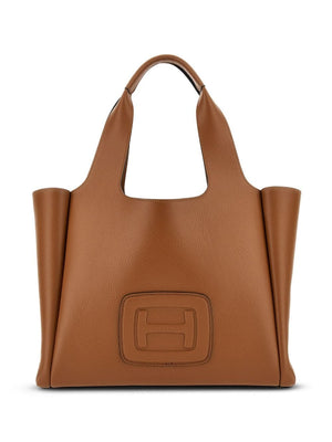 HOGAN Chic Cognac Brown Medium Leather Tote with Signature Detail