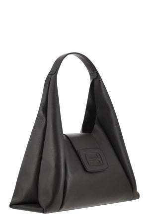 HOGAN Cool and Feminine Hobo Handbag with Embossed Maxi H in Grained Leather