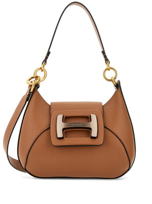 Butterscotch Brown Mini Leather Hobo Shoulder Bag with Tonal Logo Plaque