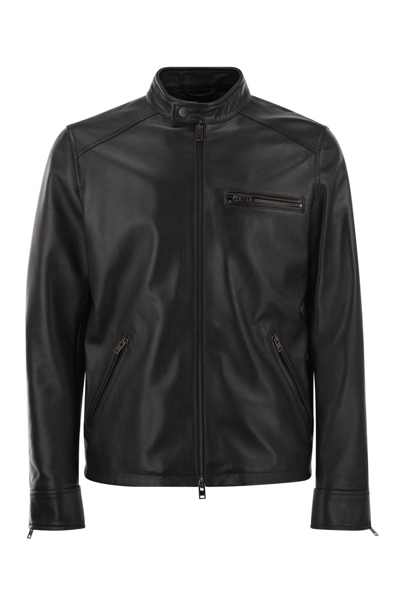 HOGAN Men's Black Leather Biker Jacket for SS24 Seasons