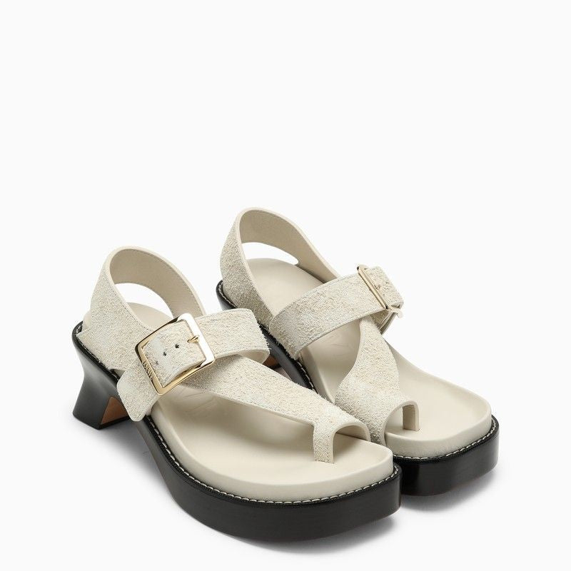 LOEWE Ivory Suede Heeled Slippers - Adjustable Buckle Strap, Architectural Heel