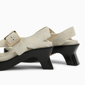 LOEWE Ivory Suede Heeled Slippers - Adjustable Buckle Strap, Architectural Heel