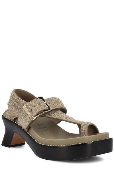 LOEWE Elegant Khaki Heeled Toe Post Sandals for Women | Slanted Heel, Adjustable Strap, and Ergonomic Fussbet