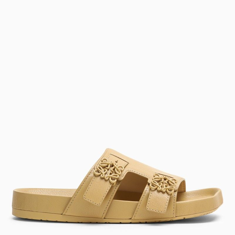 Beige Goatksin Slide Sandal with Anagram Buckle and Rubber Sole