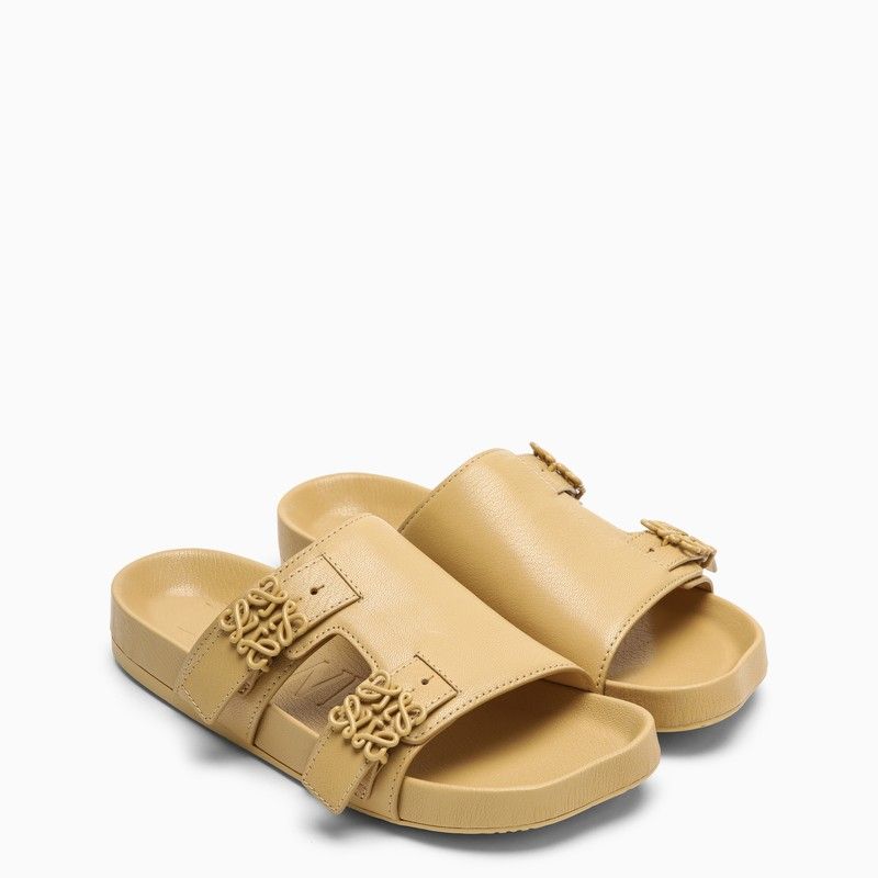 Beige Goatksin Slide Sandal with Anagram Buckle and Rubber Sole