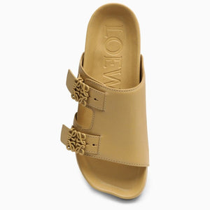 Beige Goatksin Slide Sandal with Anagram Buckle and Rubber Sole