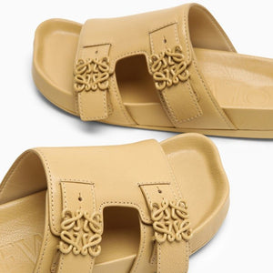 Beige Goatksin Slide Sandal with Anagram Buckle and Rubber Sole