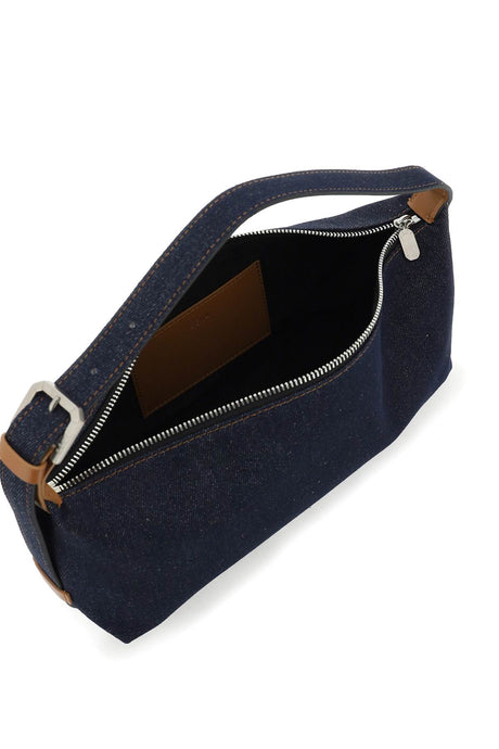 EÉRA Navy Blue Denim Long Moonbag Crossbody Handbag with Suede Interior and Leather Card Slot
