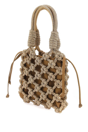 HIBOURAMA Woven Crystal Thread Handbag with Removable Pouch and Gold Monogram