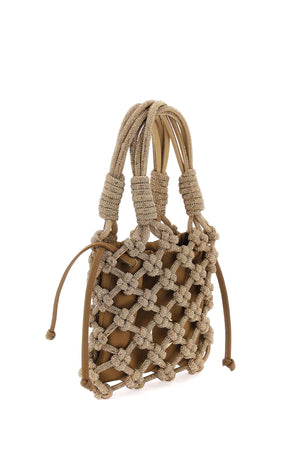 HIBOURAMA Woven Crystal Thread Handbag with Removable Pouch and Gold Monogram