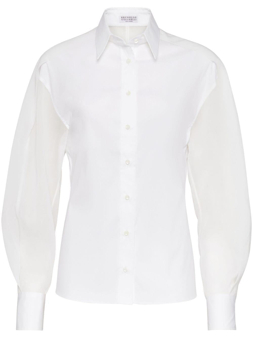 BRUNELLO CUCINELLI Feminine Stretch Cotton Poplin Shirt with Necklace Detail - White