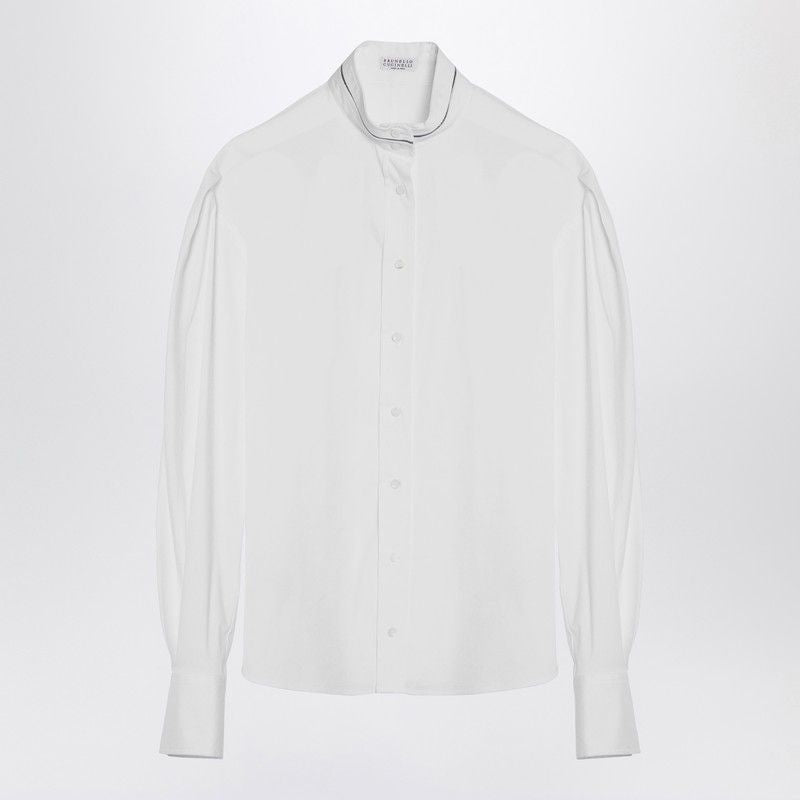 BRUNELLO CUCINELLI Elegant White High-Collar Shirt with Beaded Detail