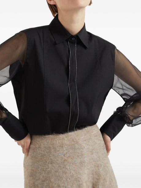 BRUNELLO CUCINELLI Elegant Black Silk-Cotton Blend Shirt with Monili Trim