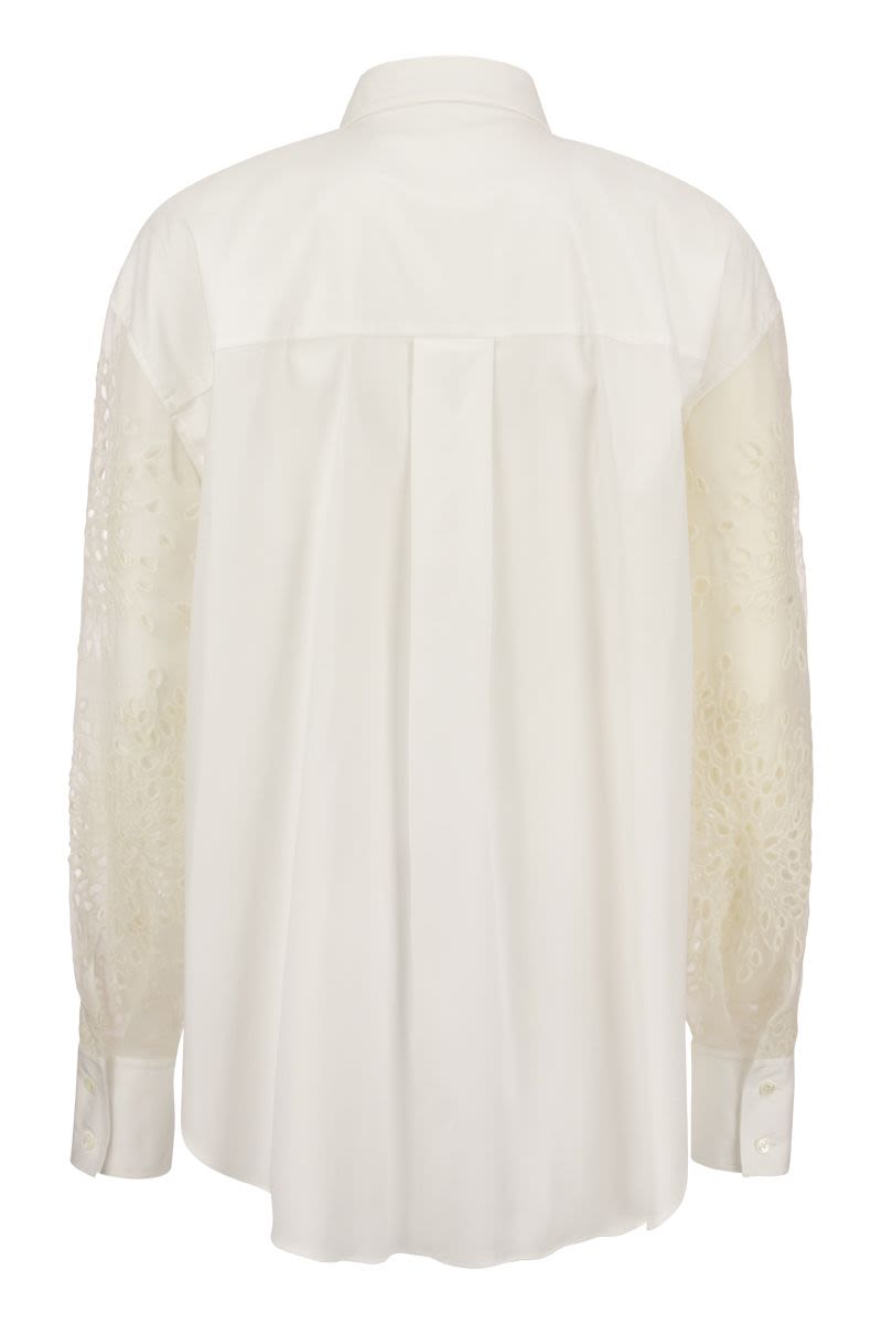 BRUNELLO CUCINELLI Elegant Stretch Cotton Poplin Shirt with Silk Broderie Anglaise Sleeves