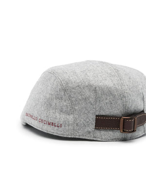 BRUNELLO CUCINELLI Heather Grey Virgin Wool Cap with Leather Strap