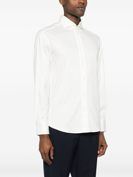 White Cotton Spread Collar Long Sleeve Shirt for Men