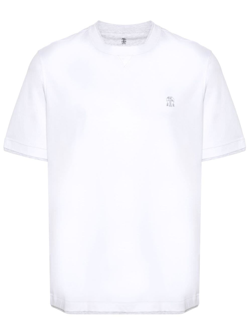 BRUNELLO CUCINELLI Embroidered White Cotton Crew Neck T-Shirt