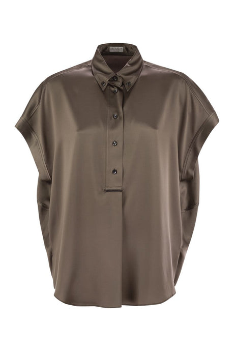 BRUNELLO CUCINELLI Elegant Stretch Silk Satin Short-Sleeved Shirt with Jewel Detailing