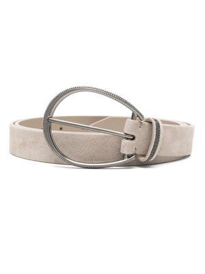 BRUNELLO CUCINELLI Almond Beige Suede Signature Belt with Monili Chain Detail