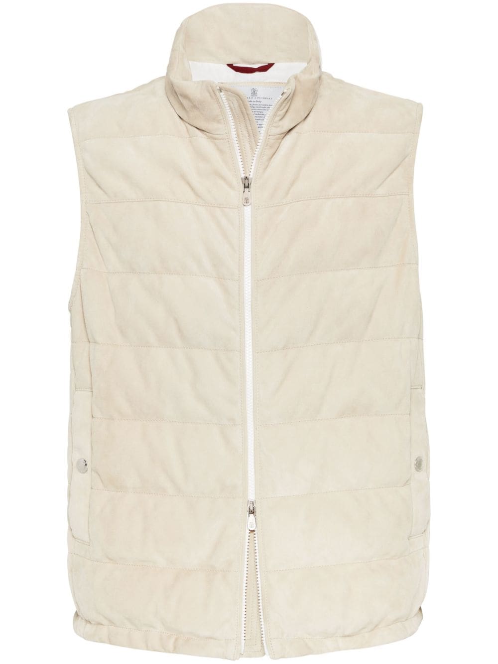 BRUNELLO CUCINELLI Men's Suede Down Waistcoat - Beige Cotton/Leather Padded Design, Funnel Neck, Front Zip Fastening