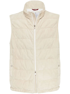 BRUNELLO CUCINELLI Men's Suede Down Waistcoat - Beige Cotton/Leather Padded Design, Funnel Neck, Front Zip Fastening