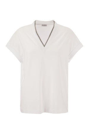 BRUNELLO CUCINELLI Women's Stretch Cotton V-Neck T-Shirt with Jewel Detail