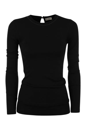 BRUNELLO CUCINELLI Ribbed Cotton T-Shirt with Embellished Collar